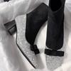 Sequin Booties Women's Fashion Square Toe Bow Paneled Non-Slip Wear-Resistant Skinny Boots