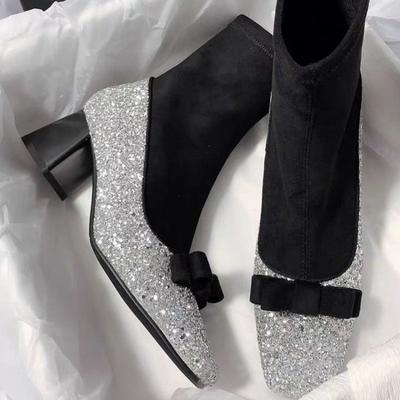 Блестящие ботильоны Женская мода Квадратный носок Бант Панельные Нескользящие Износостойкие Облегающие ботинки