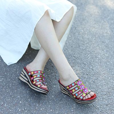 Женские тапочки на танкетке с ручной росписью из натуральной кожи, шлепанцы с цветочным узором в стиле ретро, ​​обувь на платформе