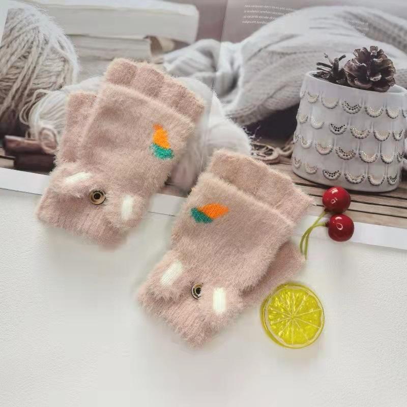 Women's Winter Cute Radish Cartoon Cold-proof Imitation Mink Half-finger Leak-finger Warm Knitted Adult and Children's Gloves