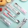 Stainless Steel Portable Cutlery Set, Forks, Spoons, Chopsticks, Cartoon Cow Strawberry, Outdoor Picnic Cutlery, Kitchenware