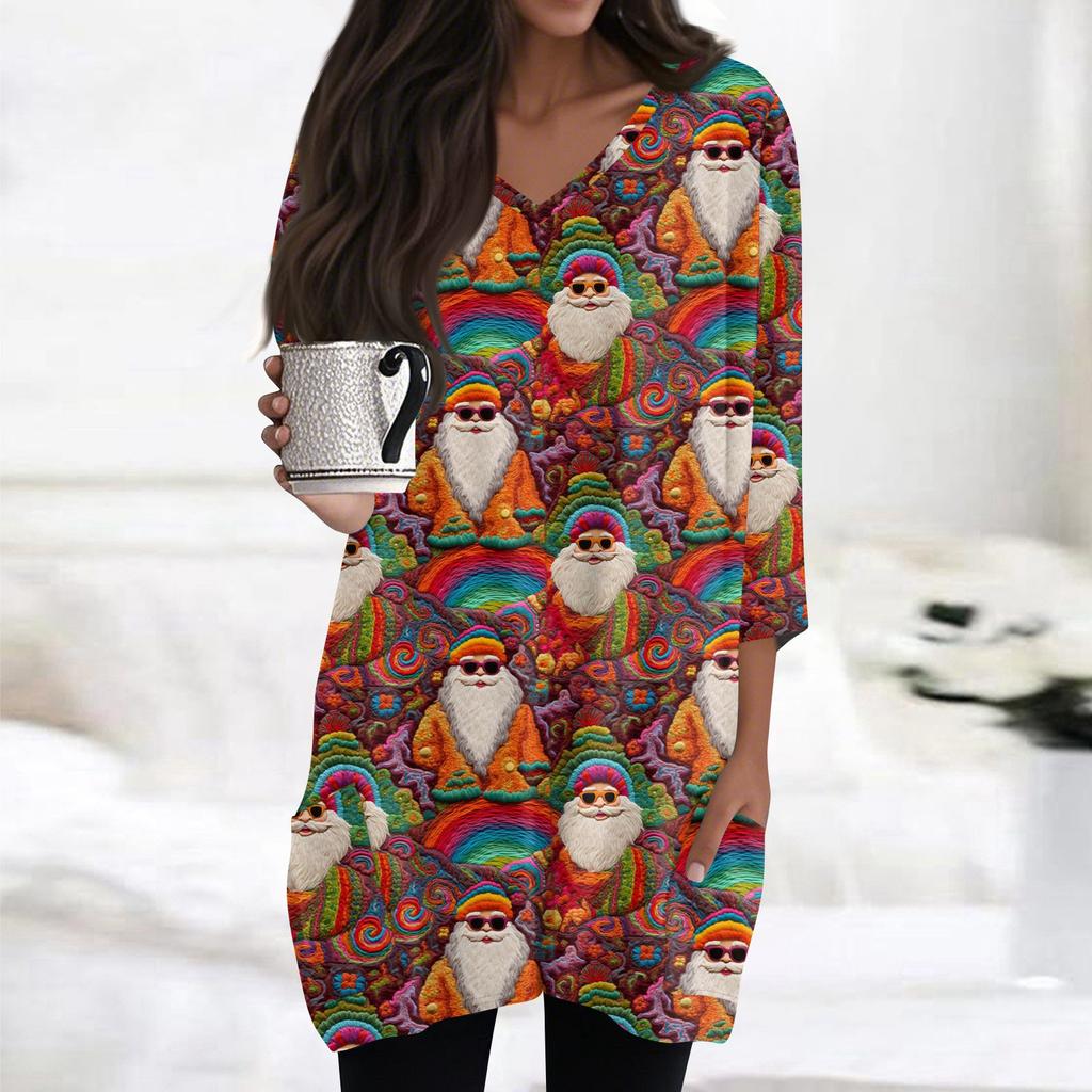 Женские топы с V-образным вырезом и рукавом 3/4, повседневные блузки средней длины, модные туники с рождественским принтом и карманами