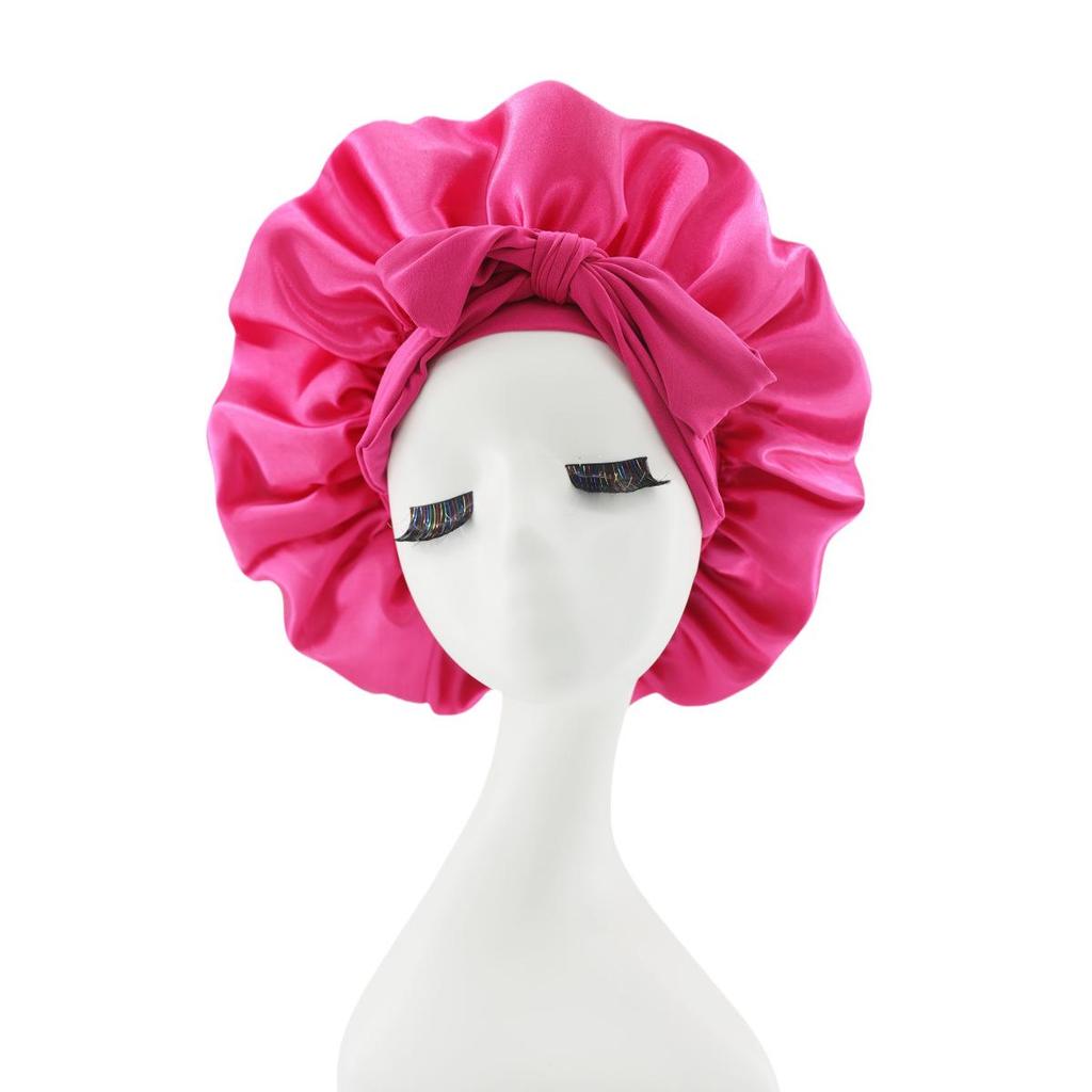 Silk Satin Sleep Cap with Ribbon Bow for Women - Elastic Wide Brim Bath Headscarf Hat for Hair Care