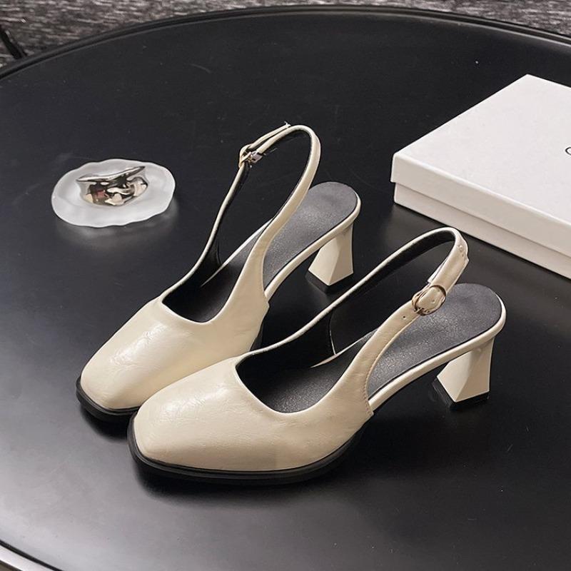 Fashion High Heels Women's Sandals Square Toe Buckle Pumps Fad Slingback Shoes 2025 Summer New Brand Chunky Shallow