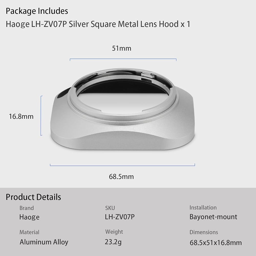 Haoge LH-ZV07P Bayonet Metal Square Lens Hood Shade Compatible with Carl Zeiss Biogon T 2/35 35mm f2 ZM, C Biogon T 2.8/35 35mm f2.8 ZM, Planar T 2/50