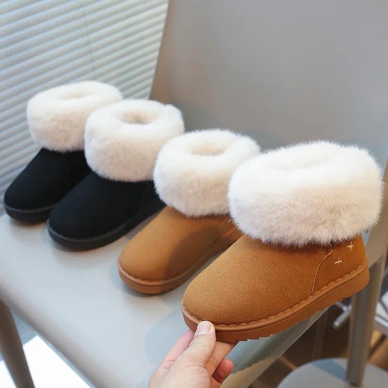 Детские пушистые ботинки для мальчиков и девочек, детские унисекс, термосапоги по щиколотку, толстые плюшевые, пушистые, теплые, на осень и зиму, для девочек, флоковая обувь