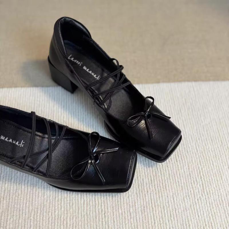 Мода 2025 Красивый бант Тонкий ремешок Туфли Мэри Джейн Женские Туфли с квадратным носком и квадратным каблуком