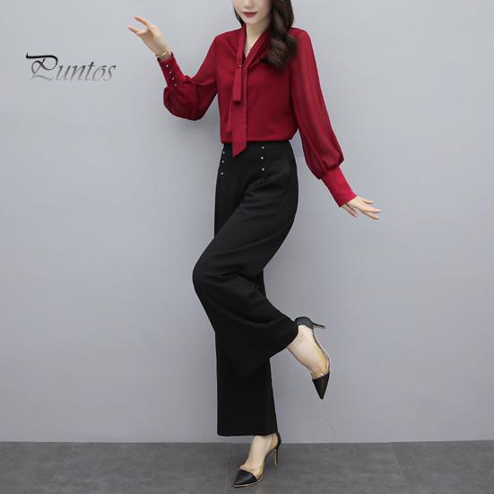 2 шт./комплект OL Commuting Outfit рубашка брюки комплект чистый цвет V-образный вырез длинный рукав блузка высокая талия широкие брюки деловая офисная одежда