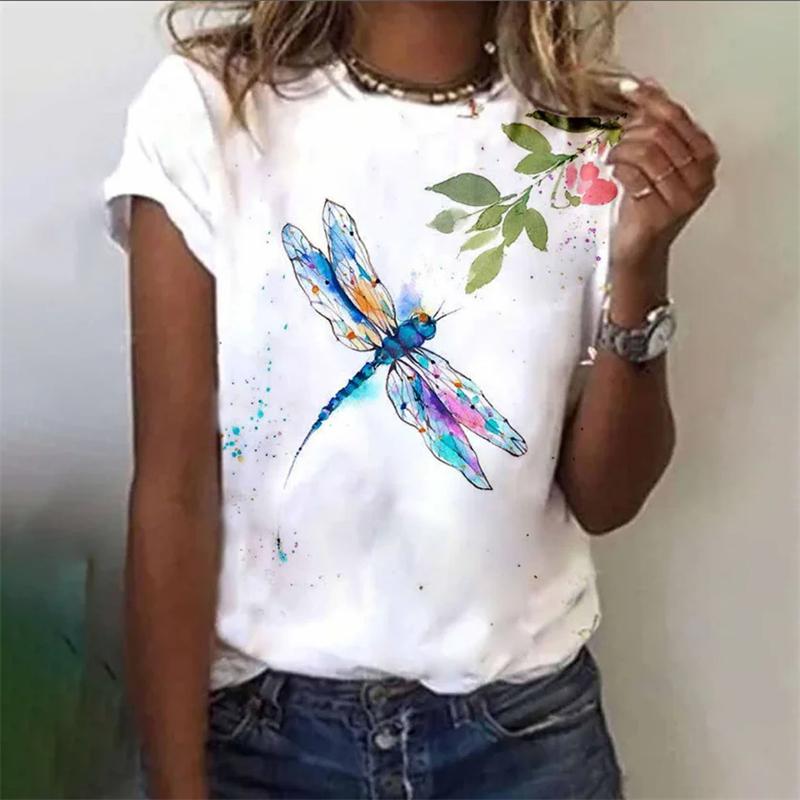 Летняя модная блузка, женская футболка с принтом стрекозы, топ с круглым вырезом и коротким рукавом, модная футболка, повседневная футболка, женская одежда