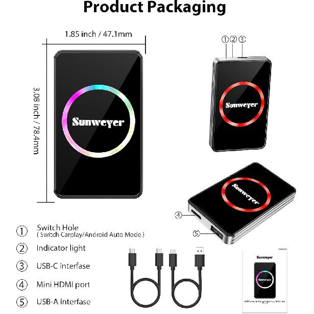 Беспроводной адаптер CarPlay Автомобильное устройство для потоковой передачи данных Ai Box Поддержка Netflix, YouTube, Hulu, Disney+, Беспроводной адаптер Android Auto со светодиодной подсветкой,