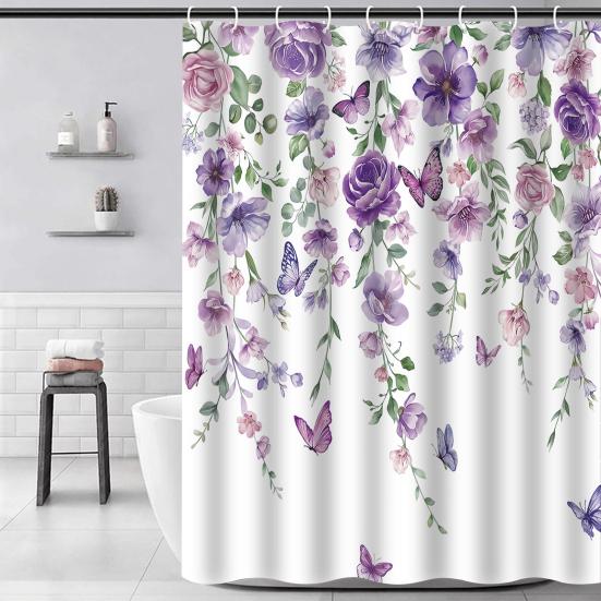 Floral Shower Curtain Spring Farmhouse Bathroom Curtain Waterproof Flowers Butterflies Leaves Bath Curtain with Hooks for Home Shower Bathtub