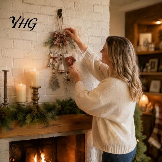 Handmade Layered Hanging Pendant Rustic Christmas Wooden with LED Lights, Lighted Snowflake Gloves Tree And Reindeer Natural Wood Chip Crafts