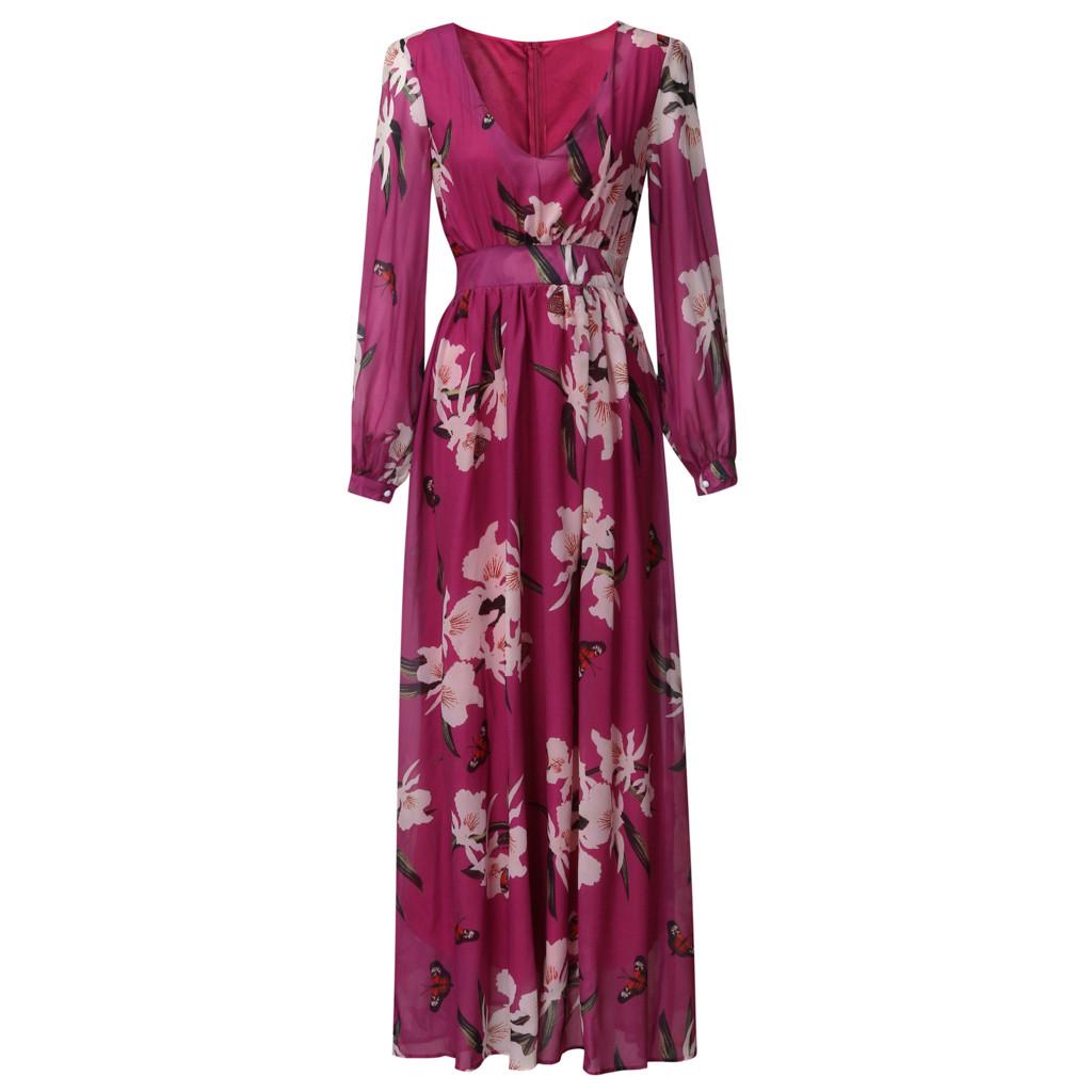 Женское модное богемное шифоновое платье с V-образным вырезом и длинным рукавом с цветочным принтом