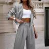 Women's Slim Fit Gray Pinstripe Suit Set with Cropped White Tank Top, Elegant Office Blazer and Pants