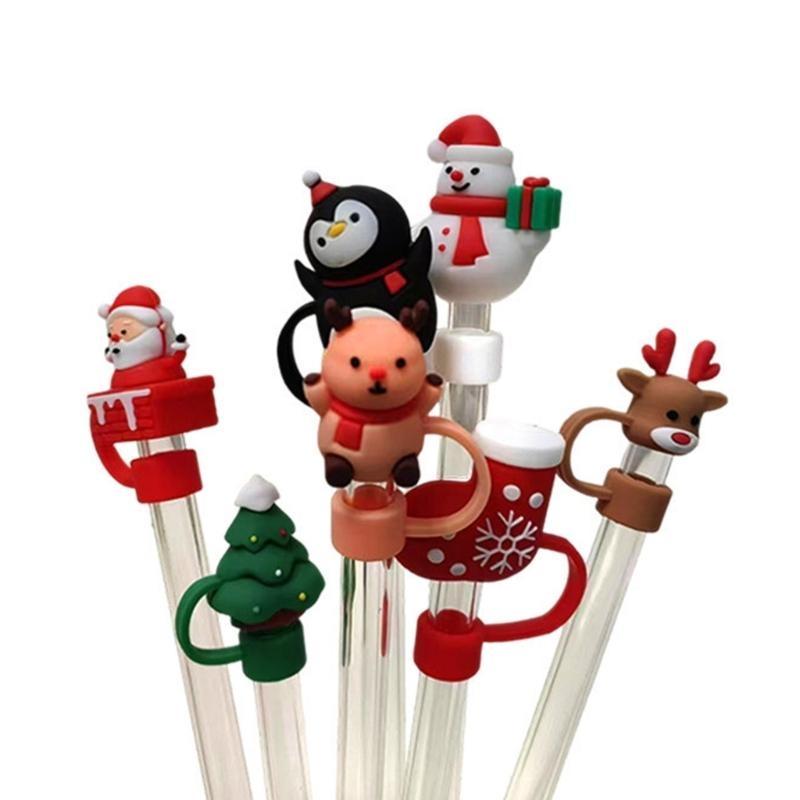 7pcs Christmas Silicone Caps for Straws Reusable Cartoon Drinking Straw Caps top sale