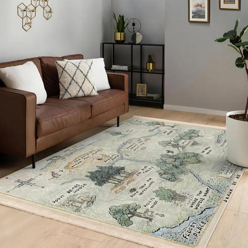 Vintage Winnie The Pooh Map Area Rug Hundred Acre Wood Print NonSlip Floor Mat for Kids Room Playroom Nursery Aesthetic Decor