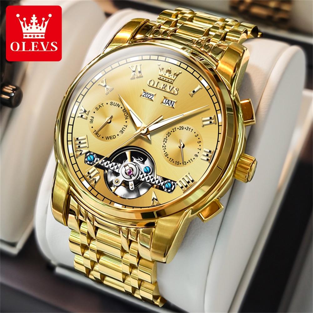 OLEVS 6607 Automatic Men's Watches Top Original Mechanical Watch for Men Luxury Skeleton Flywheel Waterproof Calendar Wristwatch