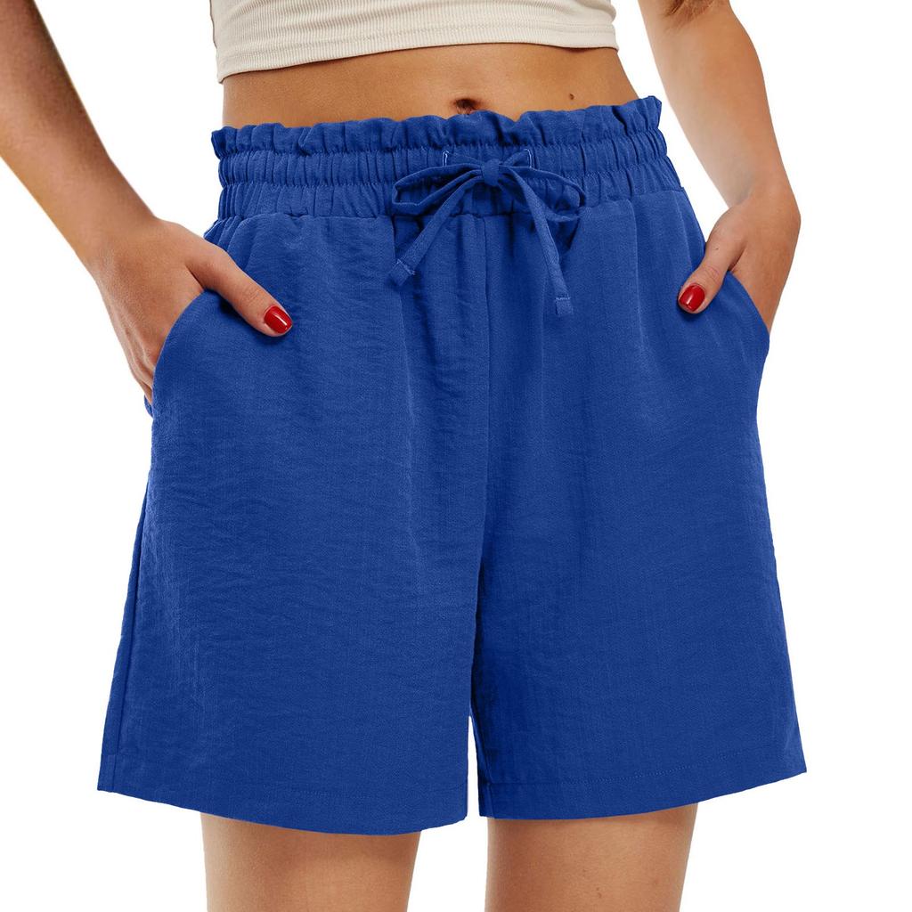 Women's Fashion Loose High Waist Drawstring Solid Color Small Pocket Casual Shorts