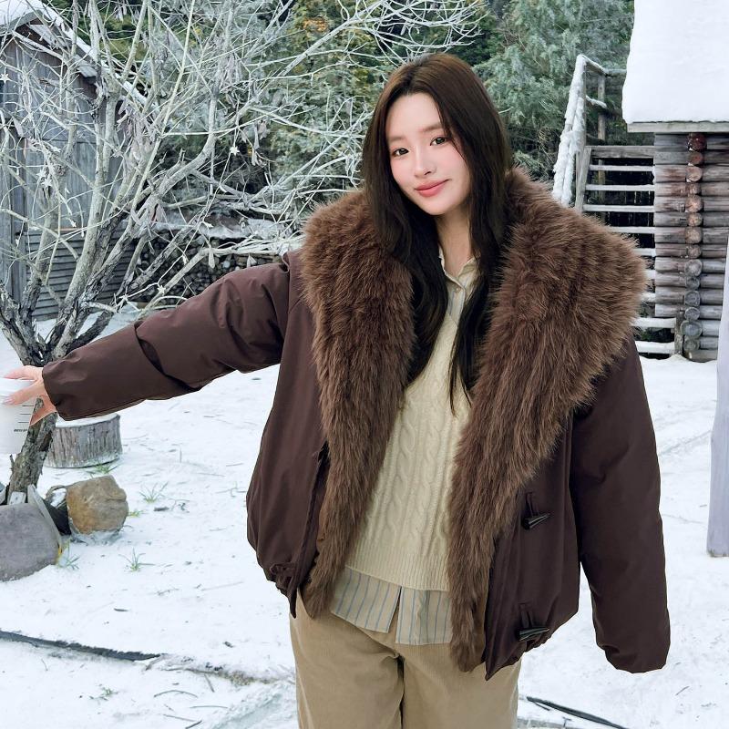 Women Thick Fur Collar Workwear Padded Parka Long Sleeve Winter Coat