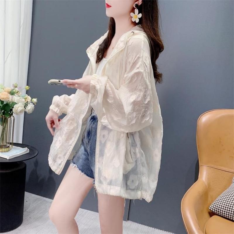 Women Casual Loose Thin Breathable Hooded Sunscreen Cardigan Shirt Outerwear
