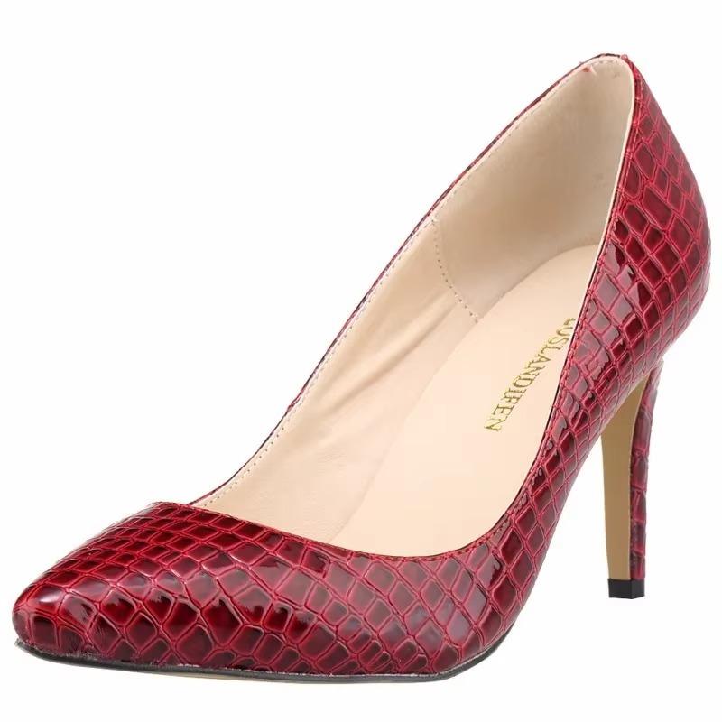 Women Pumps New Fashion Faux Crocodile Pointed Toe Stilettos Thin High Heels Sexy Lady Cool Red Party Dress Wedding Shoes