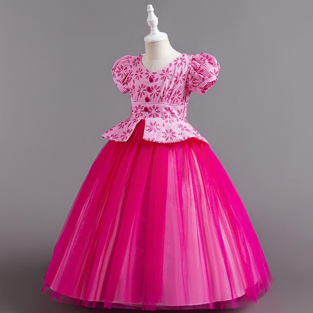 Children's Princess Dresses Thousand Birdie Patchwork Mesh Puffy Long Bubble Sleeve Girls' Stage Performance Dresses Girl's Favourite Dress
