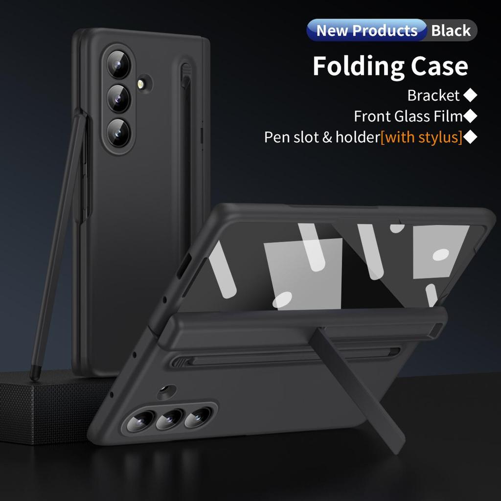 Чехол для Samsung Galaxy Z Fold 7 с шарнирной защитой, ударопрочный ПК + Закаленное стекло, Держатель пленки, Задняя крышка со слотом для ручки и стилуса, Новый