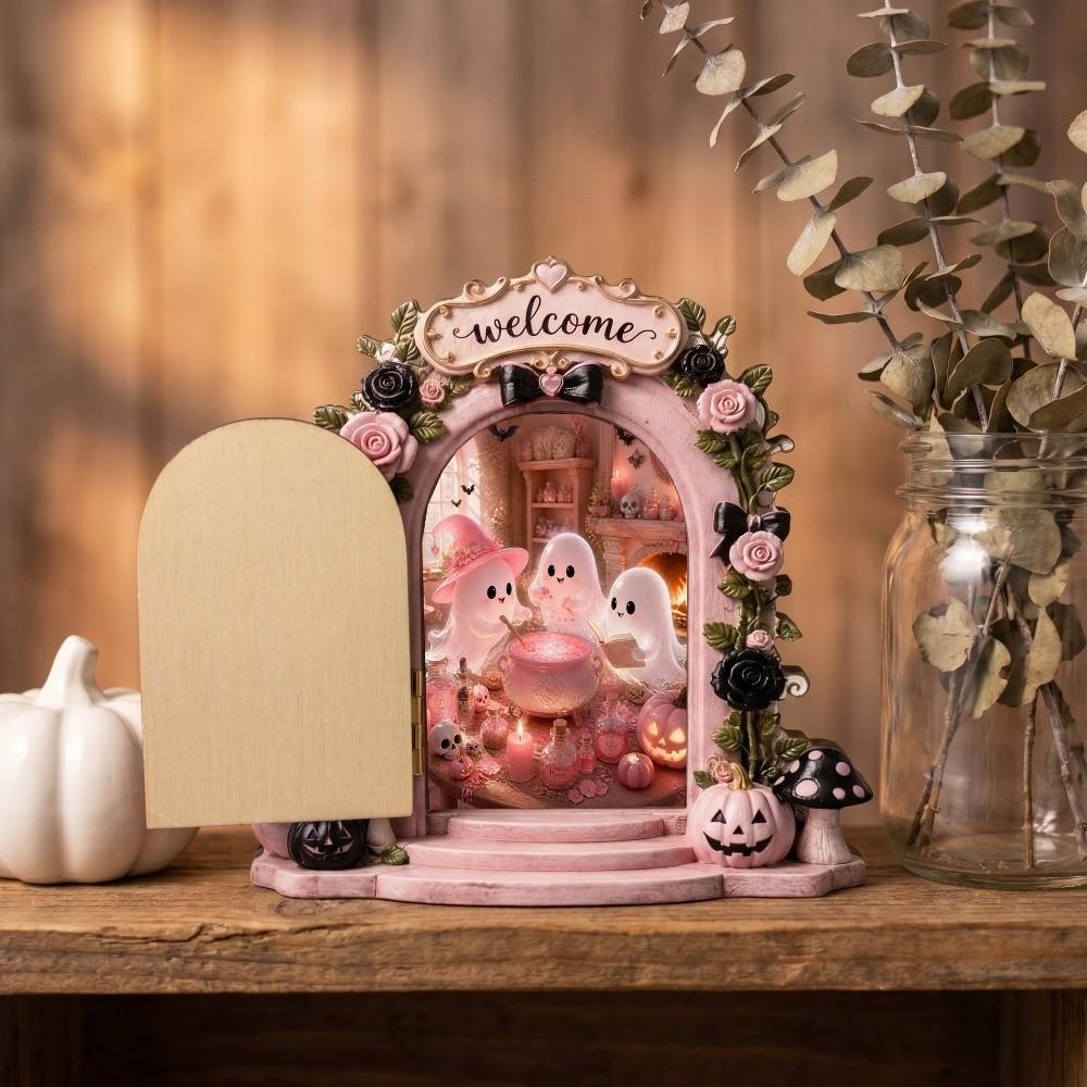 Pumpkin Mushroom Mini Wooden Ghost Door Figurine Welcome Ghost Door Craft Decor Holiday Party
