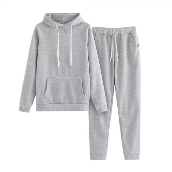 2 Pcs/Set Women Hoodie Pants Suit Solid Color Plush Long Sleeves Thick Top Elastic Waist Ankle-banded Trousers Sport Fitness