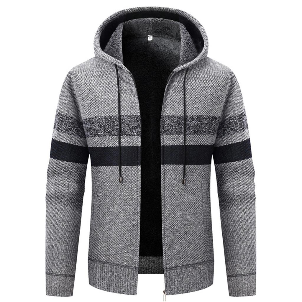 Мужской кардиган с капюшоном, полосатый, плюшевый, утолщенный, с длинным рукавом, теплый вязаный свитер