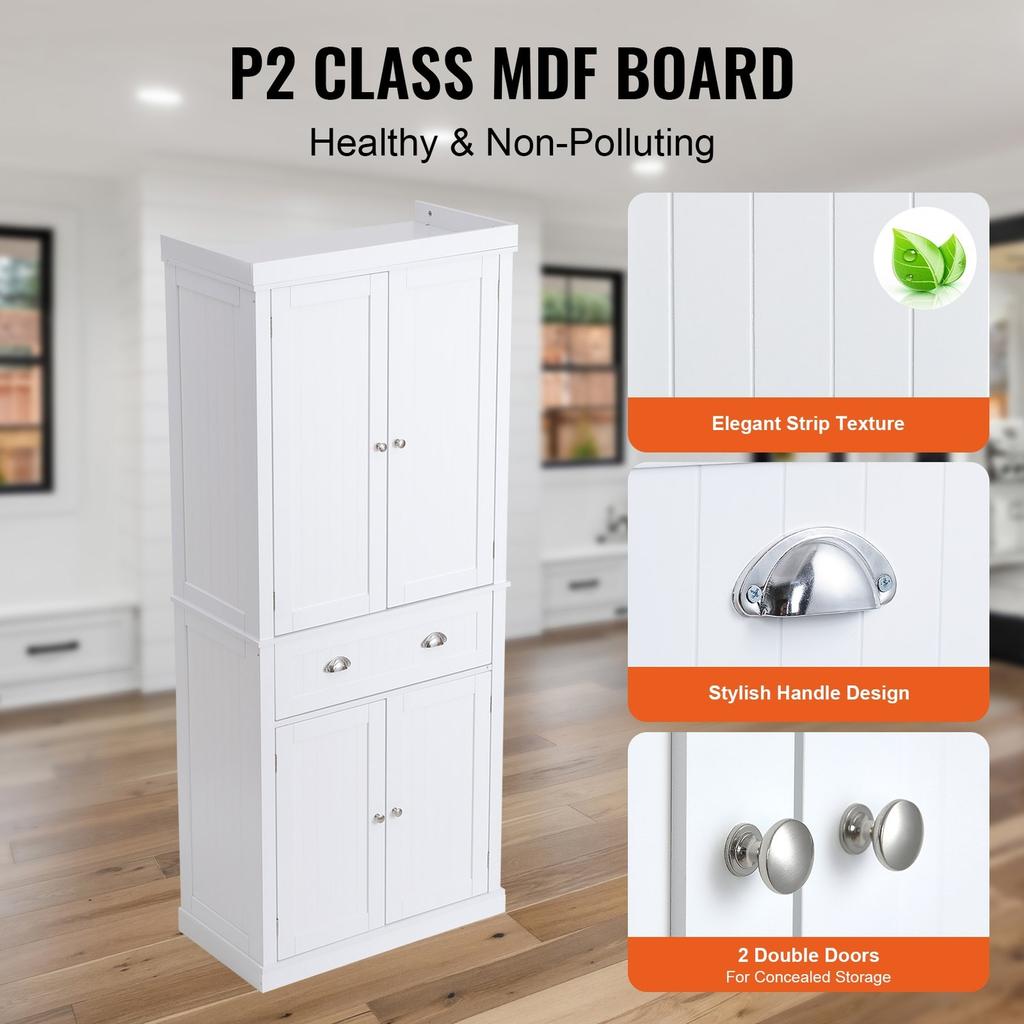 72" Kitchen Pantry Storage Cabinet, Freestanding Utility Cabinets with Doors, Drawer and 3 Adjustable Shelves, Tall Food Buffet Pantries for Kitchen,