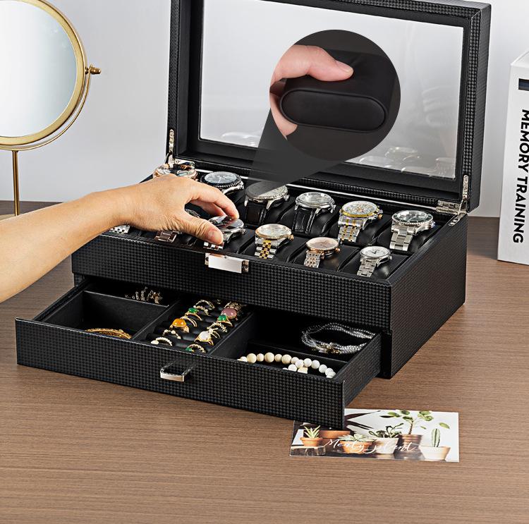 Двухслойная коробка для демонстрации часов и ювелирных изделий из углеродного волокна и ПУ