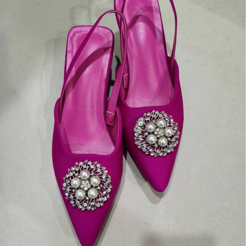 Plus Size 35-43 Summer New High Heels Pearl Water Diamond Pointed Rear Hook Strap Women's Sandals Low Heel Women's Pumps