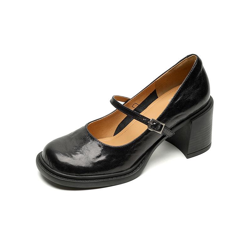 Удобные туфли на толстом каблуке с пряжкой, повседневные женские туфли из маленькой кожи, новые черные кожаные туфли-лодочки, женские туфли с головкой, большого размера, на среднем каблуке
