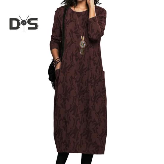 Женское платье весна-осень с круглым вырезом, длинными рукавами и боковыми карманами, свободное платье-миди длиной до середины икры с цветочным принтом для повседневной носки и поездок на работу