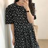Women's Retro Floral Loose Slimming Black Crew Neck Short Sleeve Long Dress