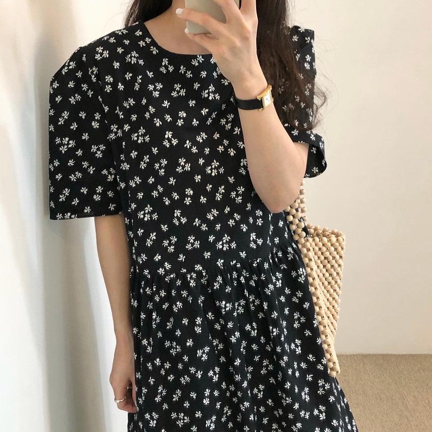 Women's Retro Floral Loose Slimming Black Crew Neck Short Sleeve Long Dress