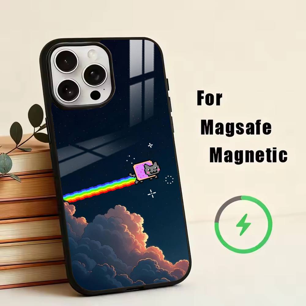 Милый N-Нян К-Кот Чехол для телефона для iPhone17,16,15,14,13,12,11 Plus,Pro Магнитный с беспроводной зарядкой Magsafe