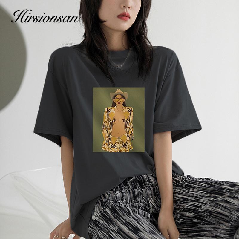 Женские футболки Hirsionsan High Street с графическим рисунком, летние мягкие футболки с круглым вырезом и короткими рукавами, 2023, повседневные свободные хлопковые базовые женские топы