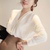 Women Korean Style V-neck Office Blouse 2025 Autumn Loose Tops Plus Size Summer Long Sleeve White Shirt Lady Solid Chiffon Blouse Female 9382