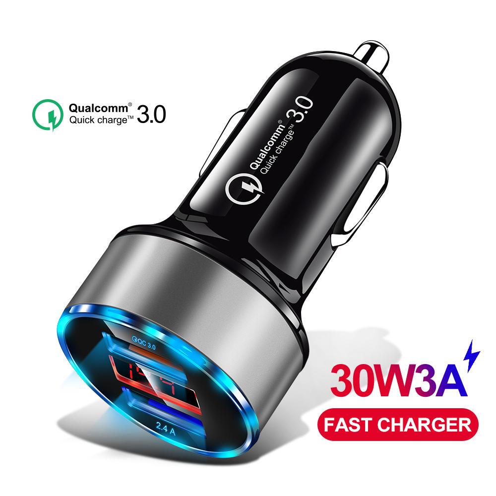 Быстрое автомобильное зарядное устройство с двойным USB-накопителем, ЖК-дисплей 3,0, быстрая зарядка, автоматический USB-адаптер для Xiaomi Huawei P30 P20, USB-зарядное устройство для Iphone 12 Xs