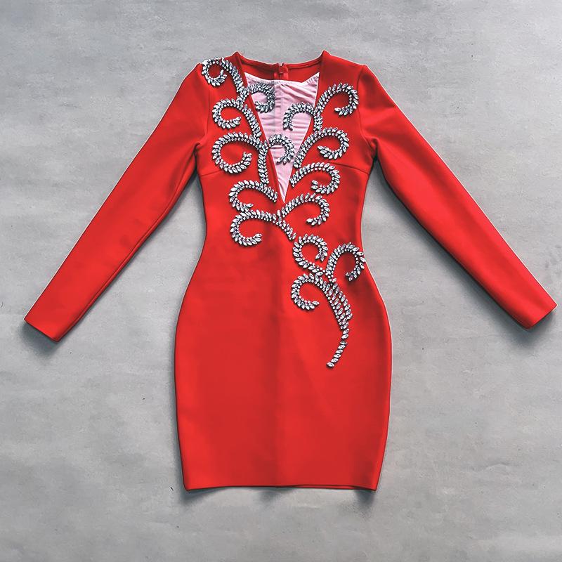 Черное Красное Платье Бандажное Вечернее с Длинным Рукавом и Стразами