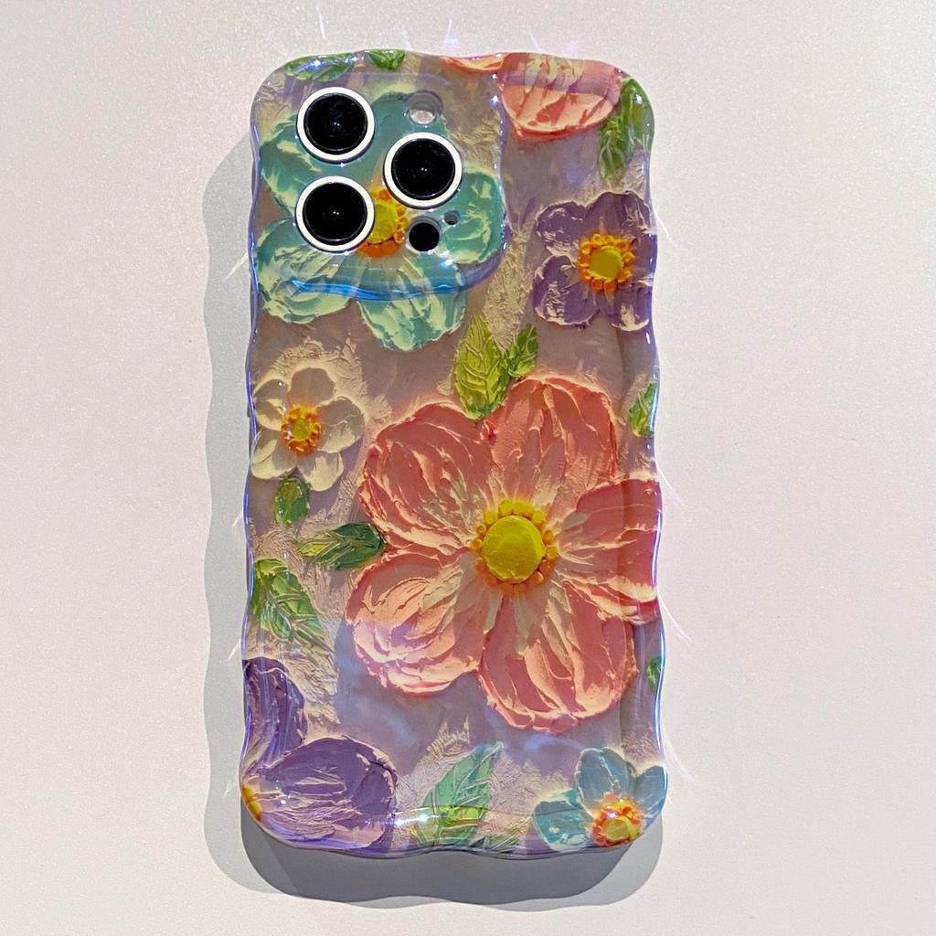 Twist oil painting purple flower mobile phone case for Apple 16PRO fine hole anti-drop 15/14 flower protective case