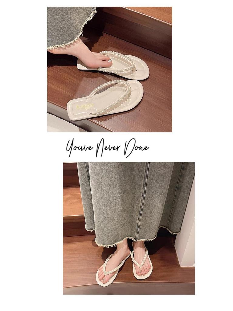 Женские летние 2025 шлепанцы с жемчугом и стразами, нескользящие: Элегантные уличные пляжные шлепанцы