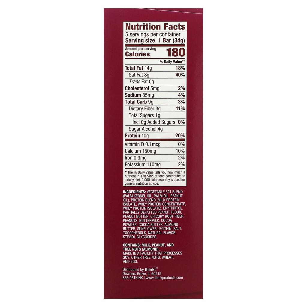 Think!, Keto Protein Bars, Chocolate Peanut Butter Cookie Dough, 5 bars, 1.2 oz (34 g) each