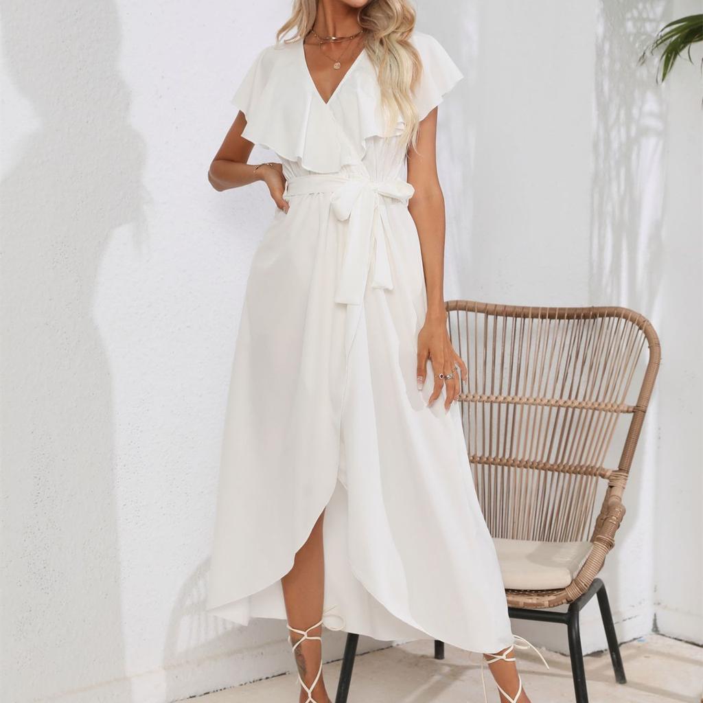 GMXIA Women's Fashion Summer Spring Solid Color Print Short Sleeve V-Neck High Waist Casual Dresses