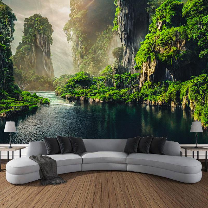 Лесные деревья, водопад, природный пейзаж, гобелен с принтом, домашний декор для гостиной, комнаты, фон, тканевый гобелен