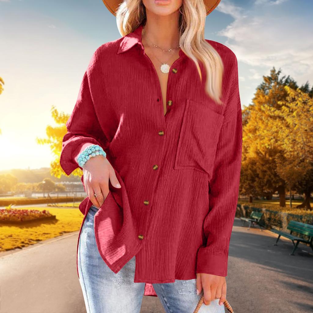 Women's Fashion Solid Color Loose Casual Single-Breasted Long Sleeve Shirt