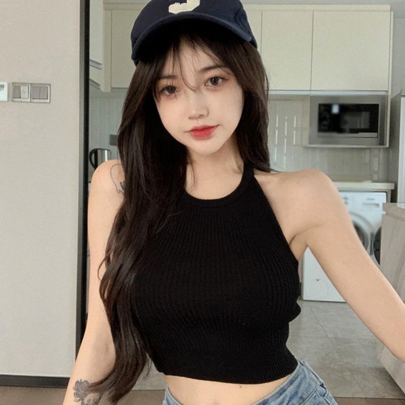 Женская камзол с воротником на шее, легкий укороченный топ, футболка без рукавов, майка, однотонная повседневная базовая рубашка