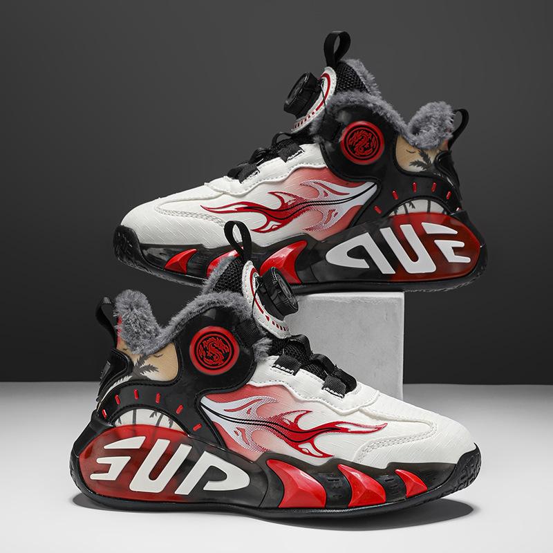 Зимняя новинка 2025 года, детские хлопковые туфли, бархатные теплые и холодостойкие баскетбольные кроссовки для мальчиков и девочек, спортивная обувь для студентов с вращающейся пряжкой